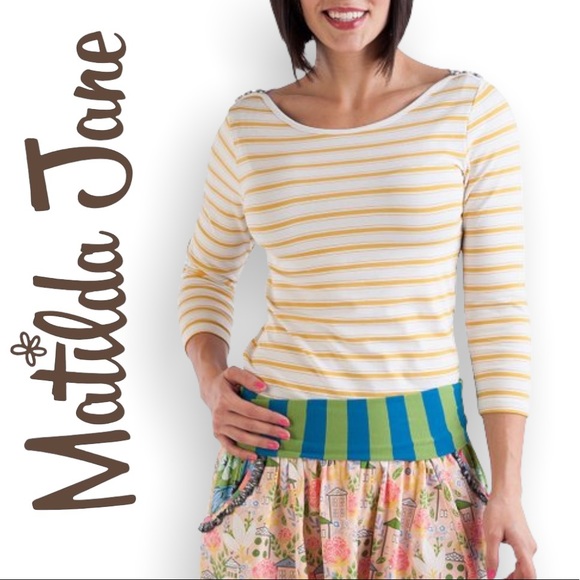 Matilda Jane Sunny Boatneck Tee Striped w/ Gingham Buttons Size Small - Picture 1 of 8